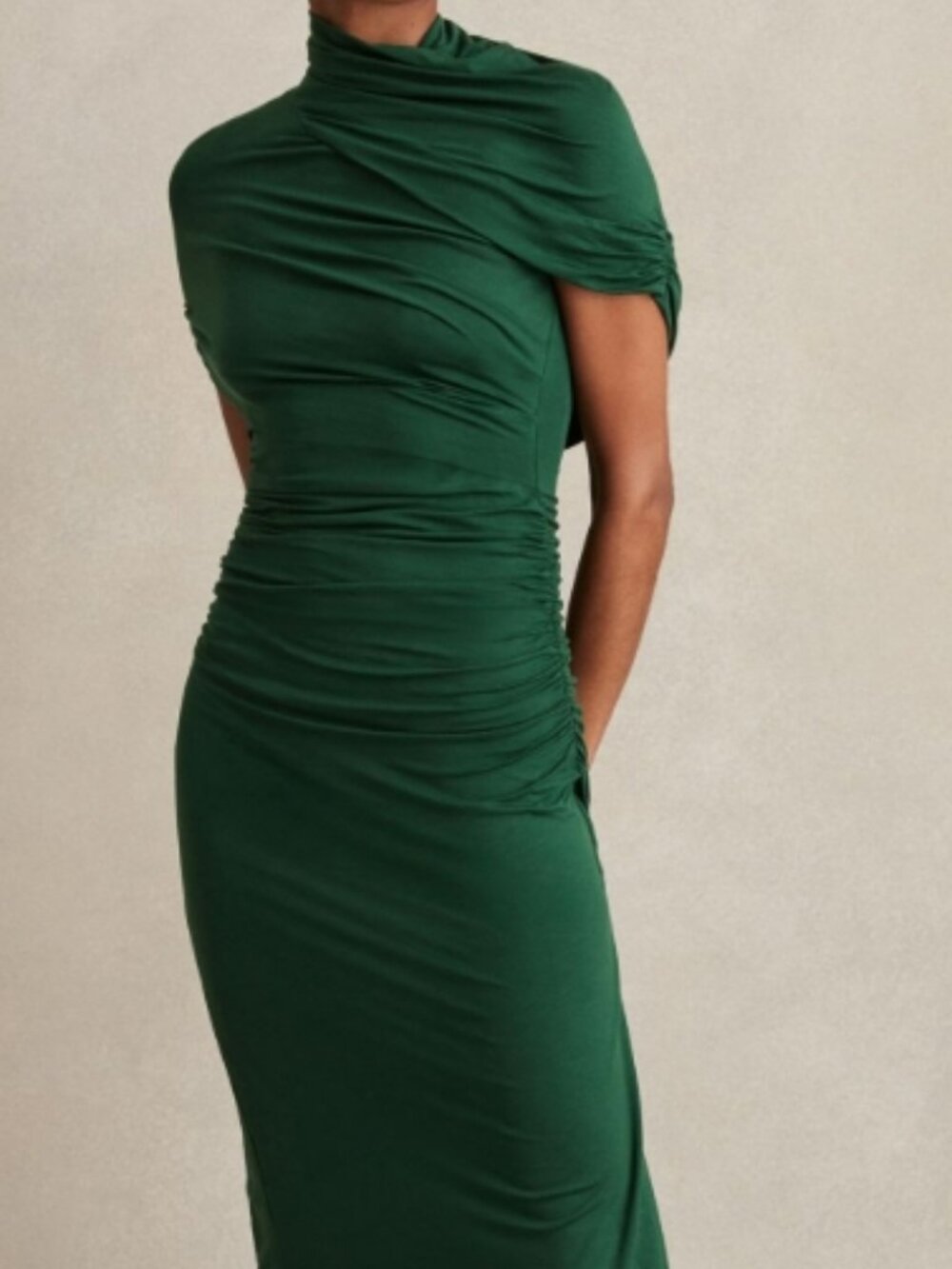 Reiss Green Azure Ruched Maxi Dress Stretch Jersey High Neck Side Slit Size 14